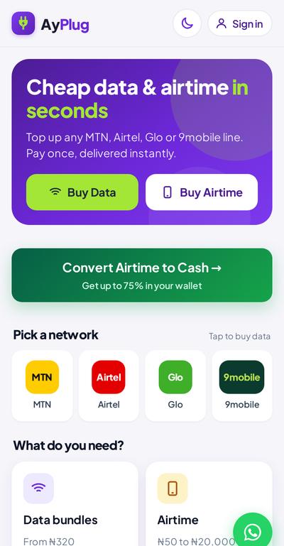 AyPlug website on a phone: cheap data and airtime for MTN, Airtel, Glo and 9mobile