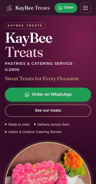 KayBee Treats website on a phone: cakes and catering in Ilorin, with an Order on WhatsApp button