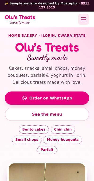 Olu's Treats website on a phone: cakes, small chops and parfait in Ilorin